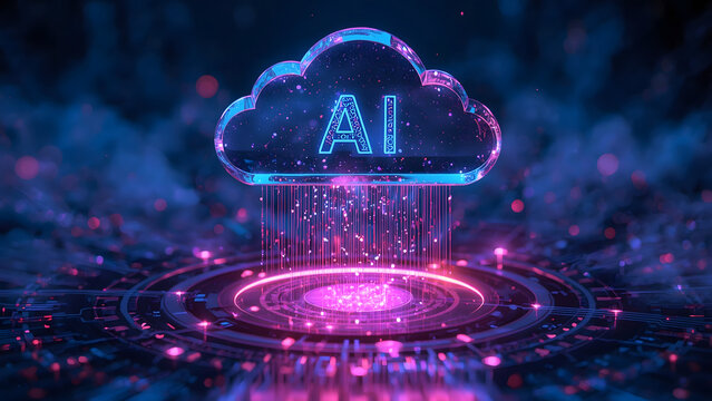 Cloud and edge computing technology data transfer concept. A large cloud icon is in the center, Ai Brain Cloud Big data, network, Science and futuristic ai cloud background concept.	