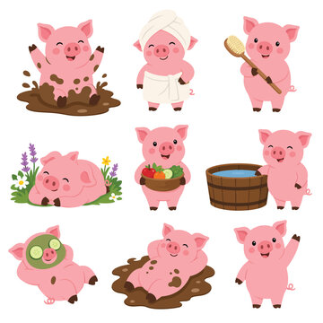 Cute Cartoon Pigs Enjoying Various Spa and Farm Activities, Including Mud Baths, Relaxation, and Healthy Eating.