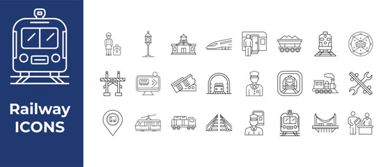 Railway icons set with train and transportation symbols  train station and railway line icons collection © MD