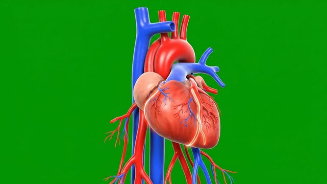 3D CGI Visualization Of Human Cardiovascular System With Heart Model And Arteries On Green Screen Background For Medical Education