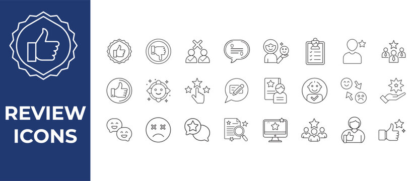 Review icons set with thumbs up stars people speech bubbles ratings and feedback symbols for user interface design elements  various review icons