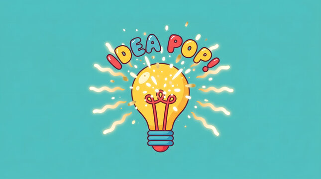 Colorful Pop Art Light Bulb Illustration with Exploding Rainbow Rays and Comic Speech Clouds