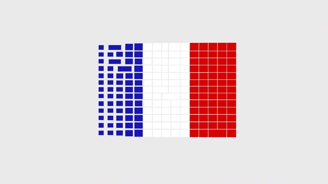 Abstract French flag pixel art background, 4k 60fps seamless loop animation of France flag stylized mosaic bricks.