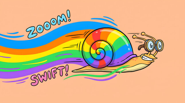 Funny fast snail cartoon character speeding with rainbow trail and zoom text illustration