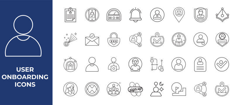 User onboarding icons set for website or application  user interface symbols  login  registration  security  and communication  line style  for web design