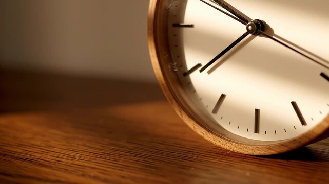 Wooden clock ticking on a desk showing the passage of time in sunlight
