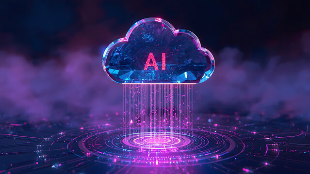 Cloud and edge computing technology data transfer concept. A large cloud icon is in the center, Ai Brain Cloud Big data, network, Science and futuristic ai cloud background concept.	