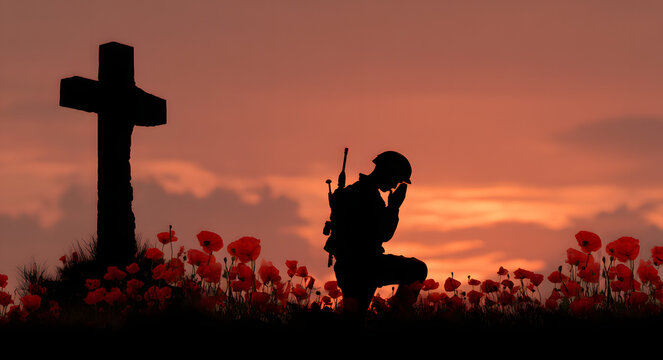A silhouette of a soldier kneeling in prayer before a cross during sunset, symbolizing the recognition of fallen heroes and military remembrance
