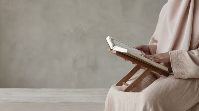 Woman reading quran on wooden stand in serenity