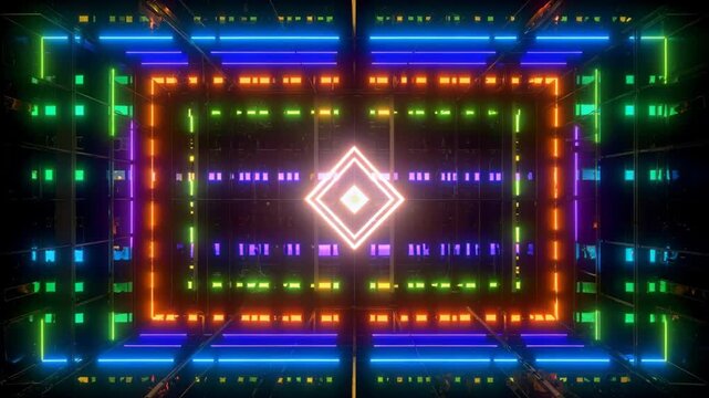 Digital square tunnel forming geometric patterns with glowing neon lights connecting virtual spaces and technology design.