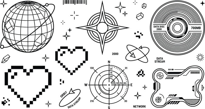 Y2K retro technology icon set with wireframe globe pixel heart and disc in line art style