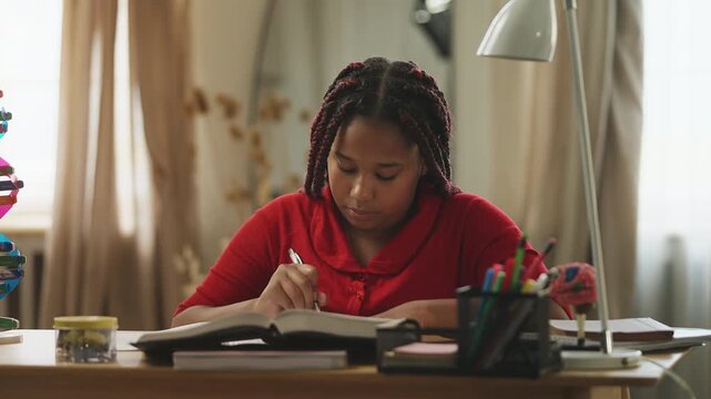 Diligent African American girl studying at home and preparing for school tests