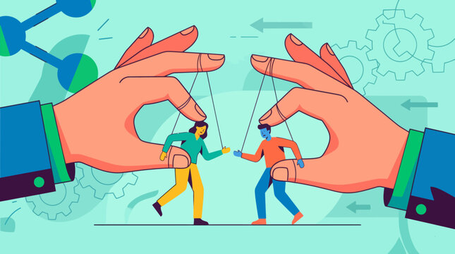 Conceptual illustration of puppet show with two puppets controlled by hands.
