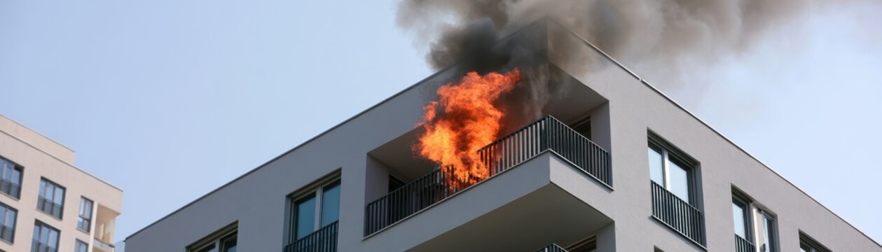 Large fire erupts on the balcony of  modern residential apartment building with thick black smoke