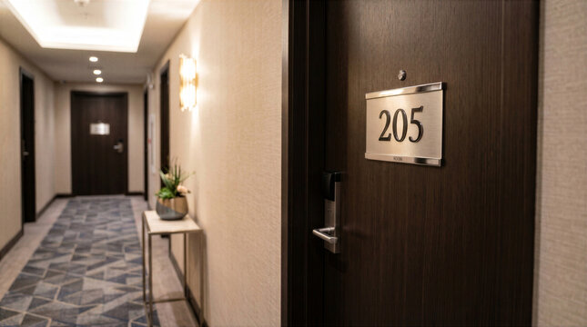 Modern hotel corridor with wooden door for guest room 205