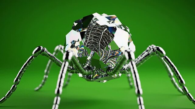 3D Rendered Bacteriophage With Crystalline Head And Spider-Like Legs On Green Background For Scientific And Biotechnological Concepts