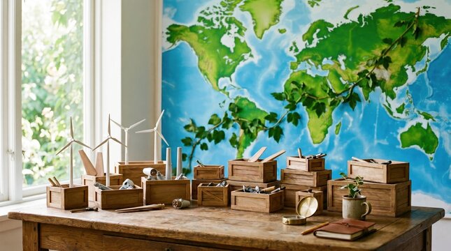 Miniature wooden crates and wind turbine components are arranged on a desk. The world map in the background is lush green, and the trend line is a rising green vine.
