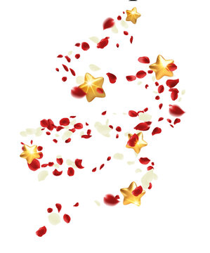 swirling wave of realistic red and white rose petals mixed with shiny 3D golden stars Christmas, Valentine's Day luxury celebration