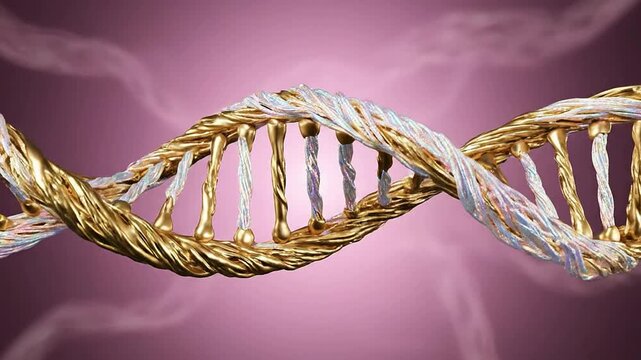 3D Rendering of Glowing Gold and Iridescent White Collagen Molecule Structure with Detailed Molecular Composition Against a Soft Pink Background