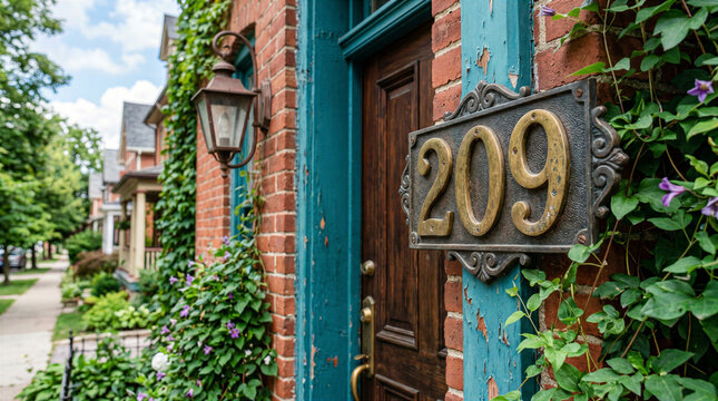 Close-up of house number 209 on vintage brass plaque at residential brick home entrance