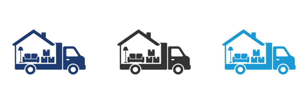 Set of moving truck icons with house and furniture representing relocation and transport services.