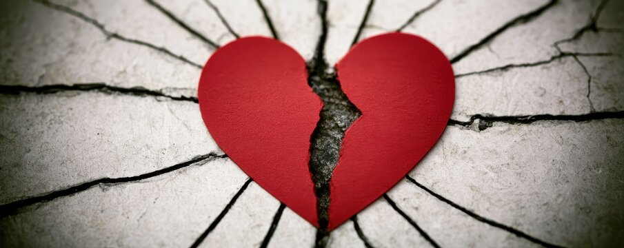 bright red broken heart shape placed on  cracked stone surface floor love