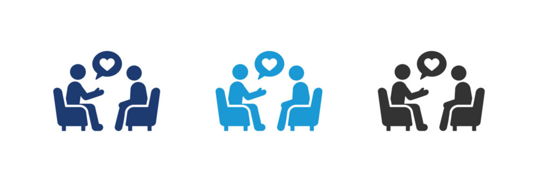 Therapy and counseling session vector icon set showing two people talking with heart speech bubble.