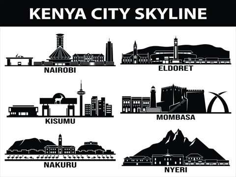 Black Kenya city skyline set with Nairobi and Mombasa