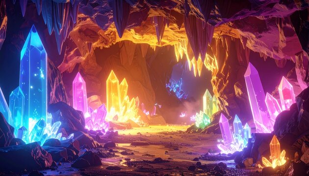 Vibrant crystal cave with glowing minerals.