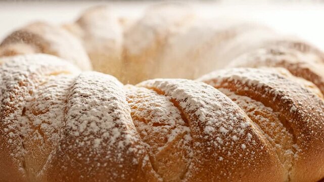 4K Close-Up POV of Fluted Bread Ring With a Dusting of Flour Falling Gently for Culinary and Baking Imagery