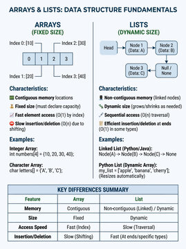 Educational infographic showing the core technical differences between computer science data structures arrays and lists