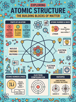 Educational infographic poster showing detailed atomic structure with protons neutrons and electrons for school science students
