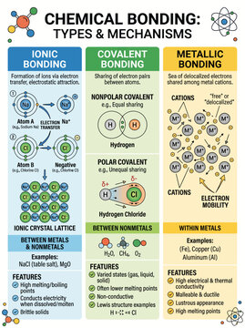 Educational infographic chart displaying ionic covalent and metallic chemical bonding types for science classroom study