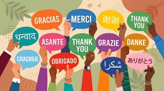 Diverse Hands Holding Speech Bubbles with 'Thank You' in Multiple Languages, Flat Vector Illustration of Global Appreciation and Communication