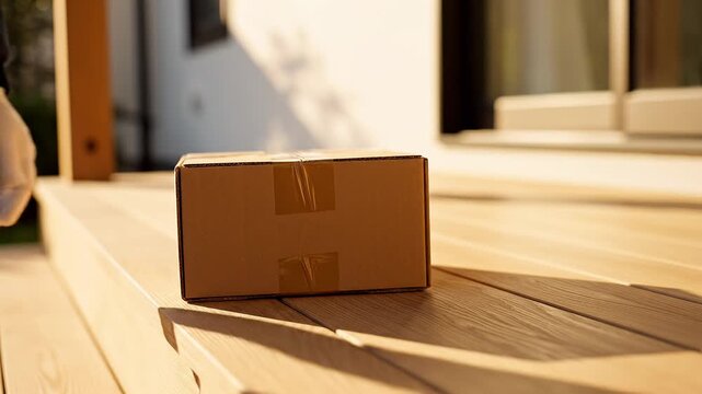 Delivery Courier Placing A Cardboard Parcel On A Wooden Porch Floor