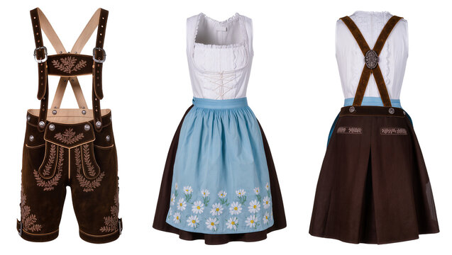 Traditional Bavarian Lederhosen and Dirndl Dress Outfits