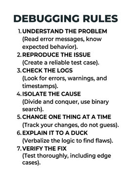 Bold black text detailing seven essential debugging rules for efficient software development and code troubleshooting