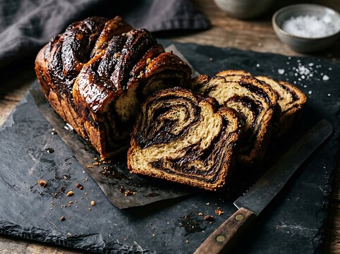 Chocolate Swirl Babka Sliced on Black Slate Board