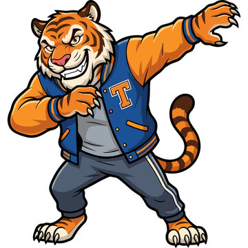 Tiger mascot wearing a varsity jacket dances energetically outdoors with people.