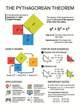 Educational diagram explaining the pythagorean theorem with colorful geometric shapes and clear mathematical algebraic formulas