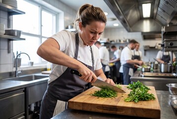 Fototapeta premium Female chef meticulously chopping fresh herbs on a wooden cutting board in a busy professional kitchen environment.
