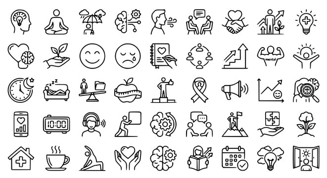 Set of 45 Mental Health Editable Stroke Outline Icons with Therapy Mindfulness Wellness and Emotional Wellbeing Symbols