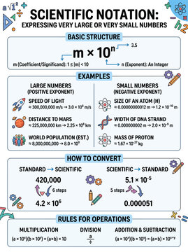 Educational infographic poster explaining scientific notation with mathematical examples and clear steps for student learning purposes