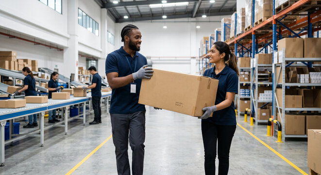 Diverse warehouse workers cooperating to pack cardboard boxes in fulfillment center.