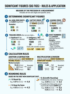 Educational infographic poster explaining significant figures rules with clear mathematical examples and helpful calculation guide steps