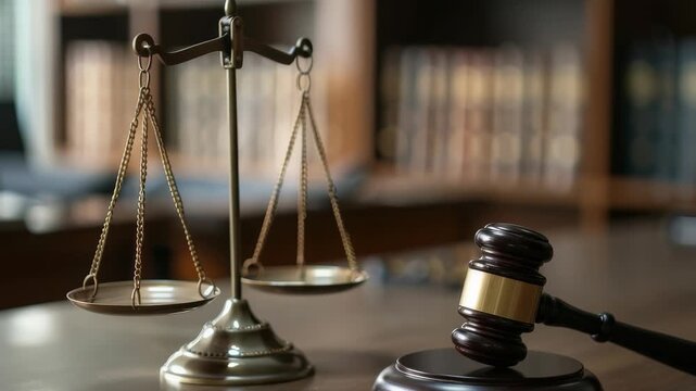 Scales of justice stand beside a gavel on a wooden surface, hinting at legal proceedings and balance. A bookshelf is blurred in the background adding depth to the scene.