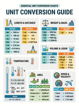 Detailed educational unit conversion guide chart featuring metric and imperial measurement systems for academic study purposes