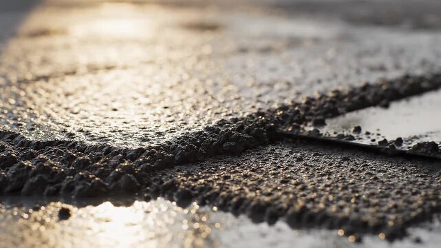 Worker smoothing wet concrete on floor with trowel during sunset close up