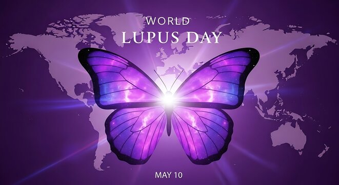 World lupus day conceptual image of butterfly and world map on purple background