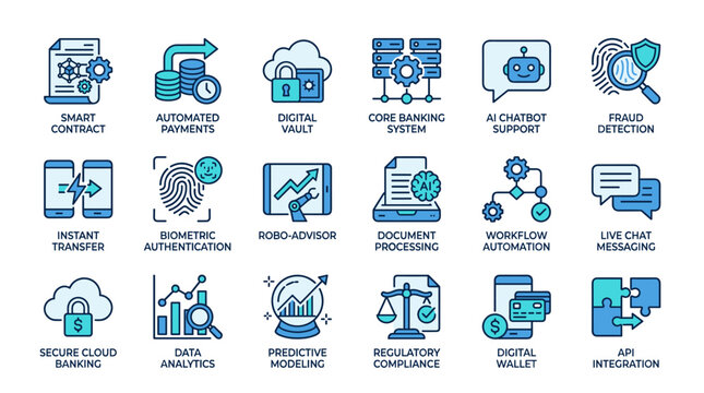 Modern banking and finance technology icons set